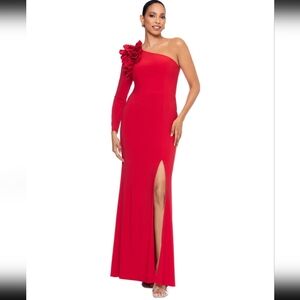 Xscape One-Shoulder High-Slit Evening Gown